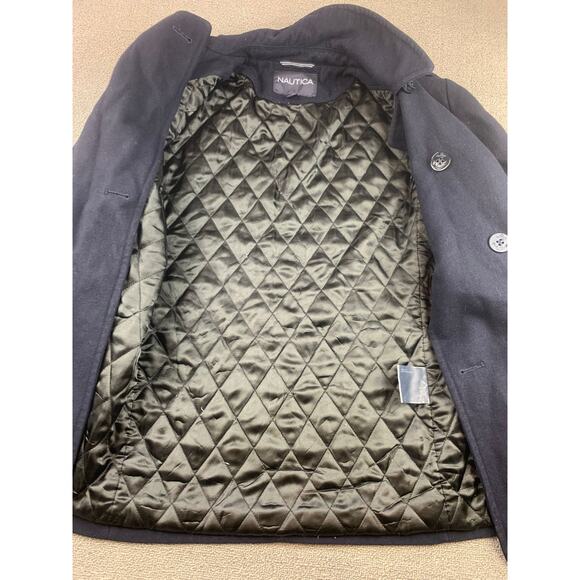 Nautica Black Wool Blend Peacoat Coat Jacket Mens Size Medium Quilted Lining - Picture 10 of 10